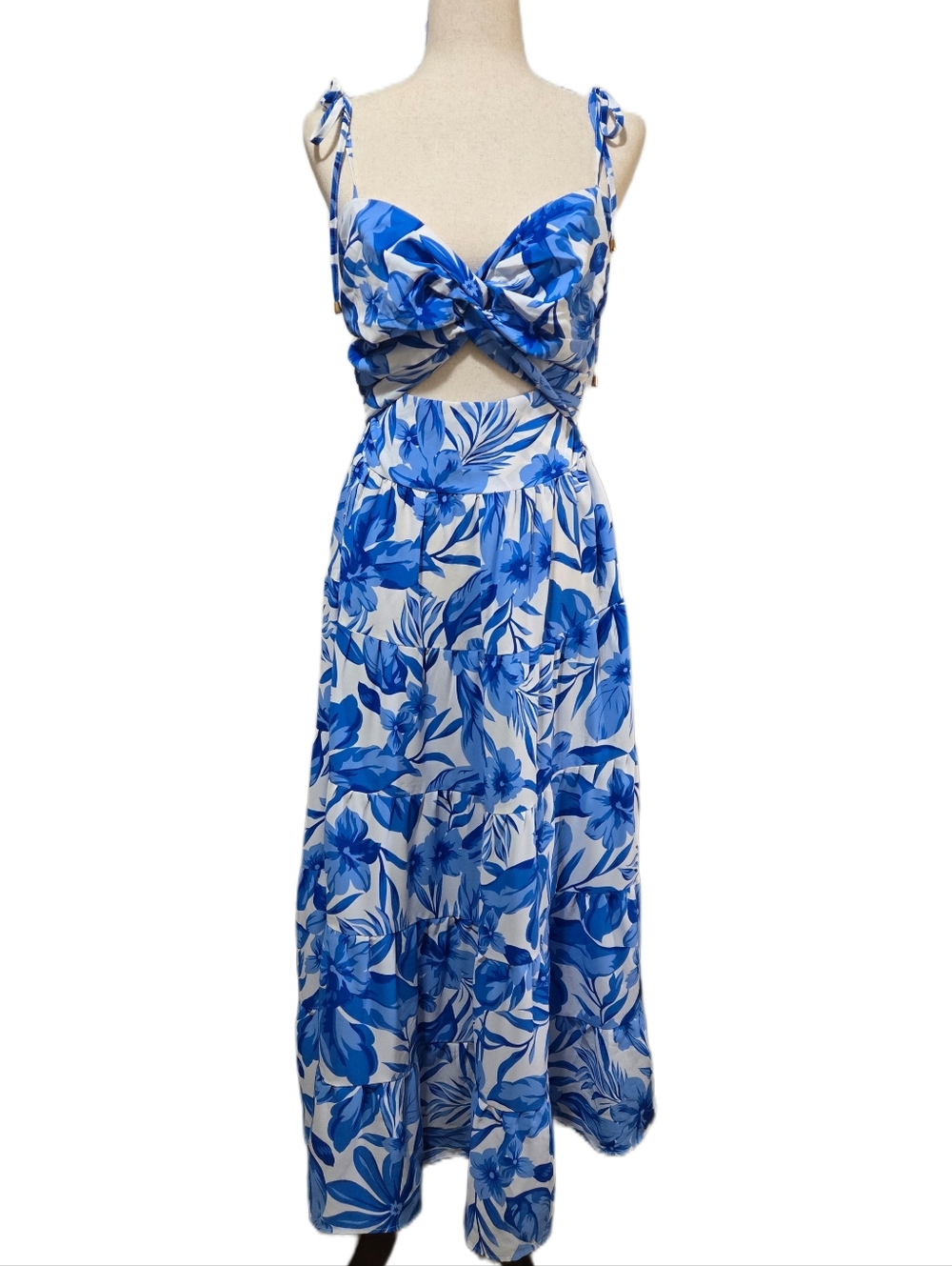Petal & Pup Blue Floral Midi Dress Tropical Tiered Size Large